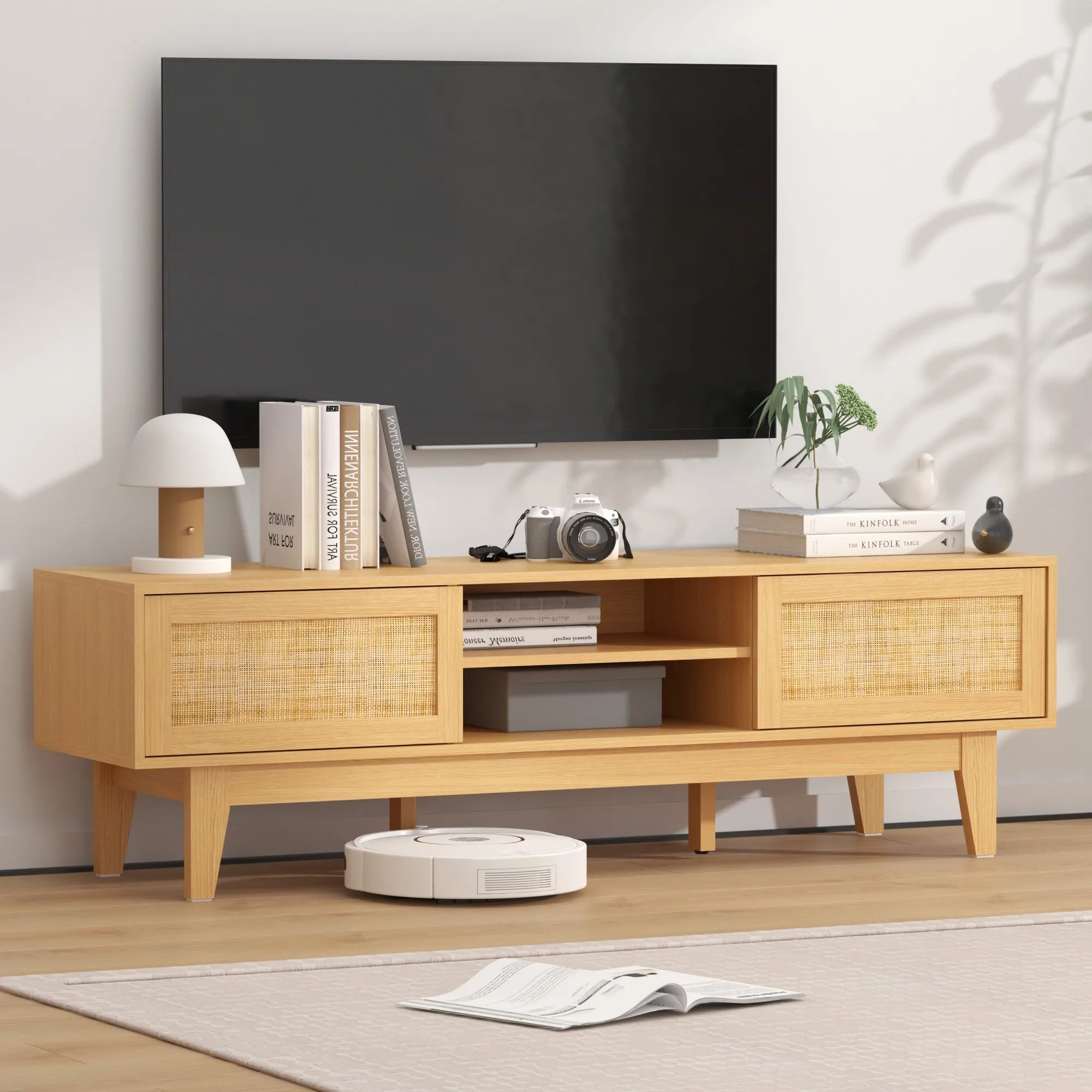 Entertainment Center for 55 65 Inch TV, Rattan, Shelves, Cabinets Sliding Doors
