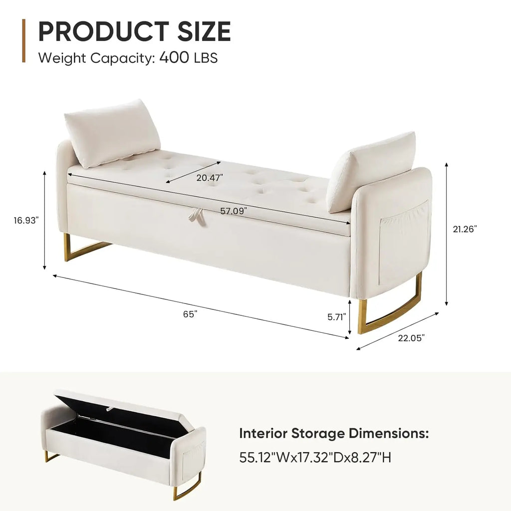 65" Velvet Storage Ottoman Bench, Tufted Upholstered