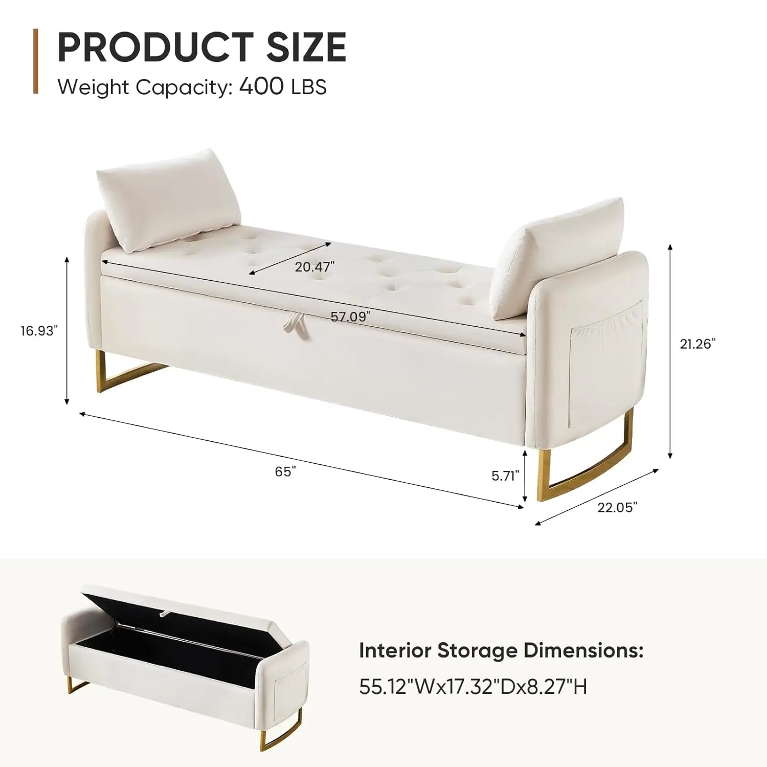 65" Velvet Storage Ottoman Bench, Tufted Upholstered
