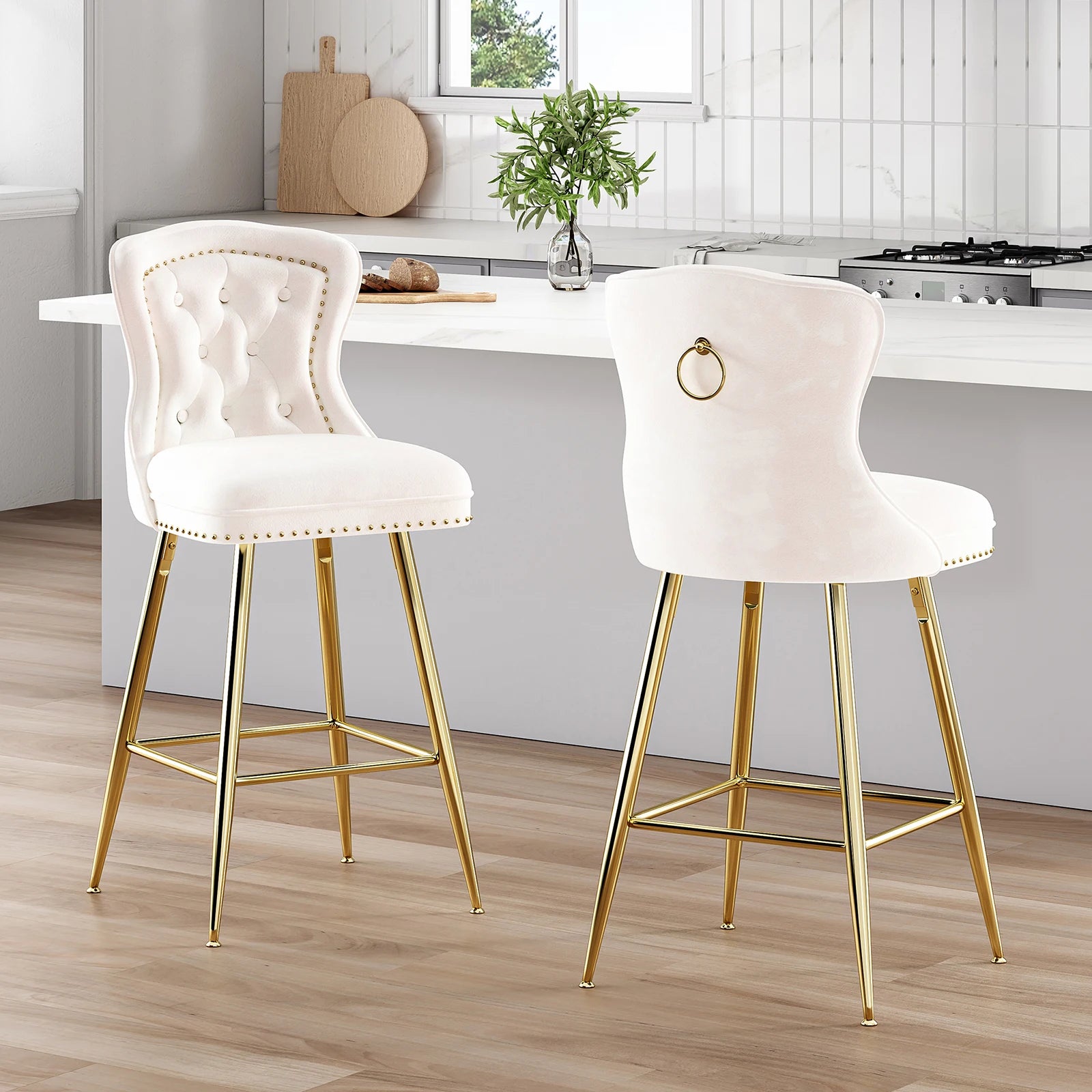 2-Set Bar Stools, Counter Height, Metal Legs, Button Tufted, Nail Heads