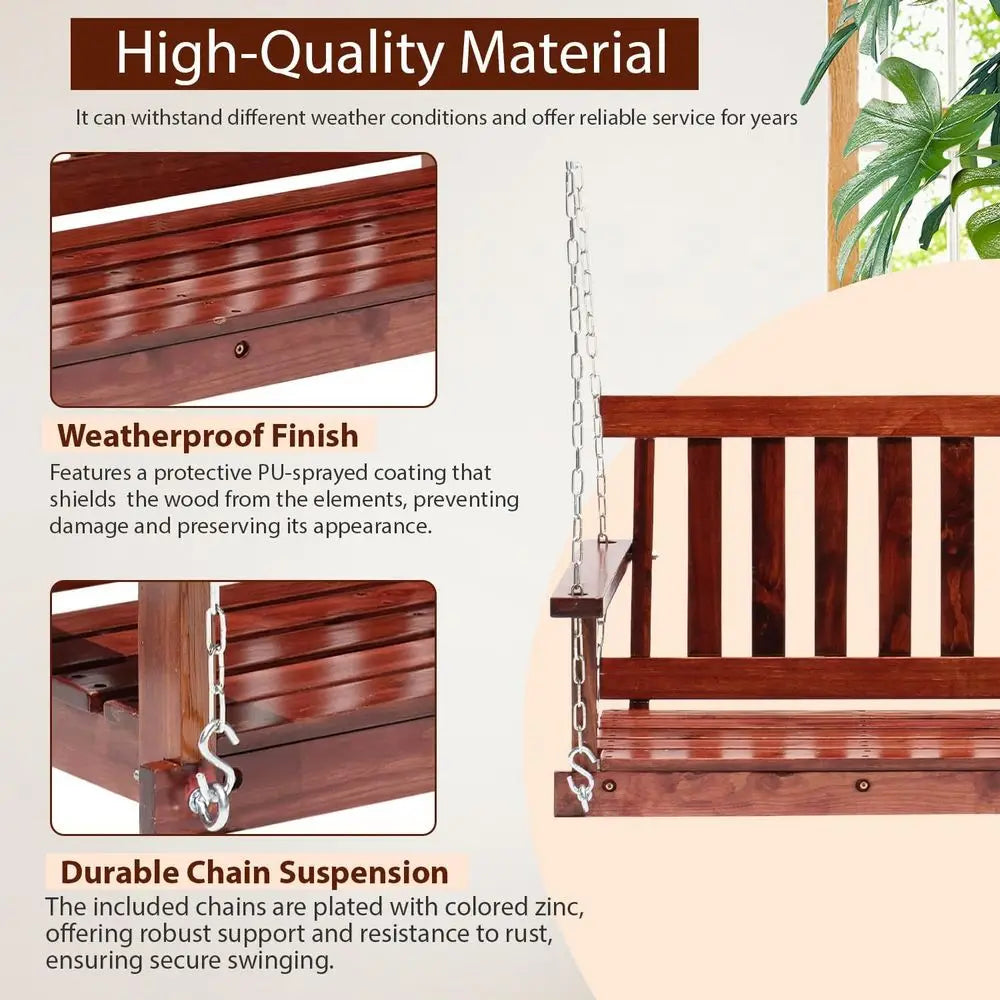 48" Wood Porch Swing 800 LBS Load Two-Person Seating