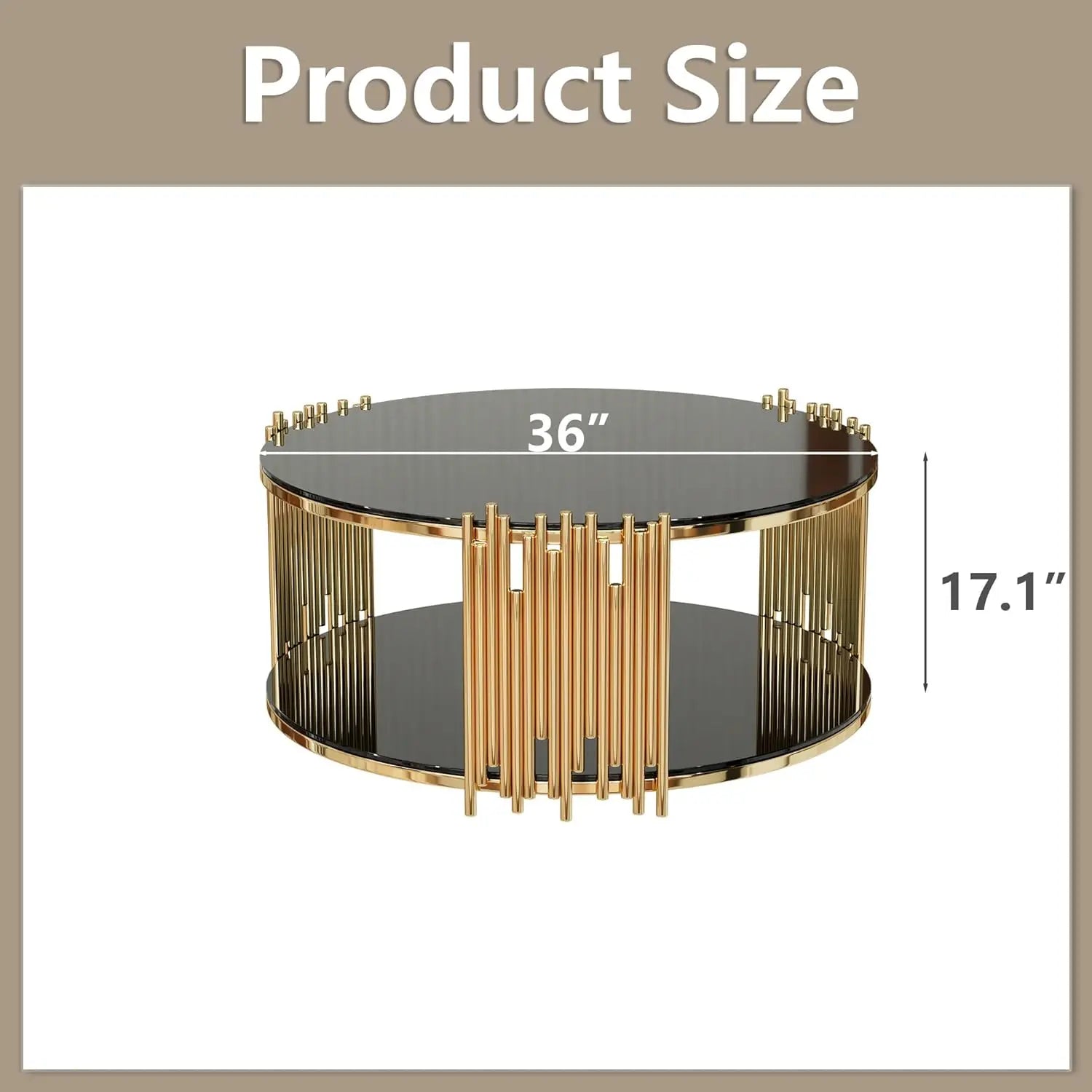 2-Tier Black, Brown or Clear Glass Coffee Table Gold Stainless Steel Base