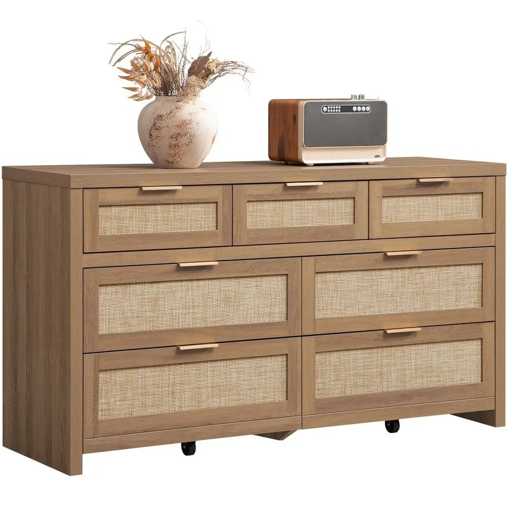 7-Drawer Dresser 57IN Wide Rattan Dressers, Large Chest of Drawers