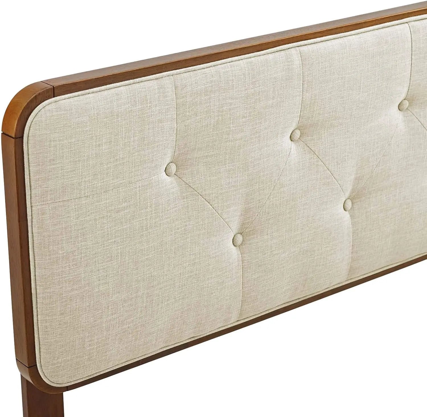 Tufted Full Fabric Wood Headboard Walnut Beige Bed Frame
