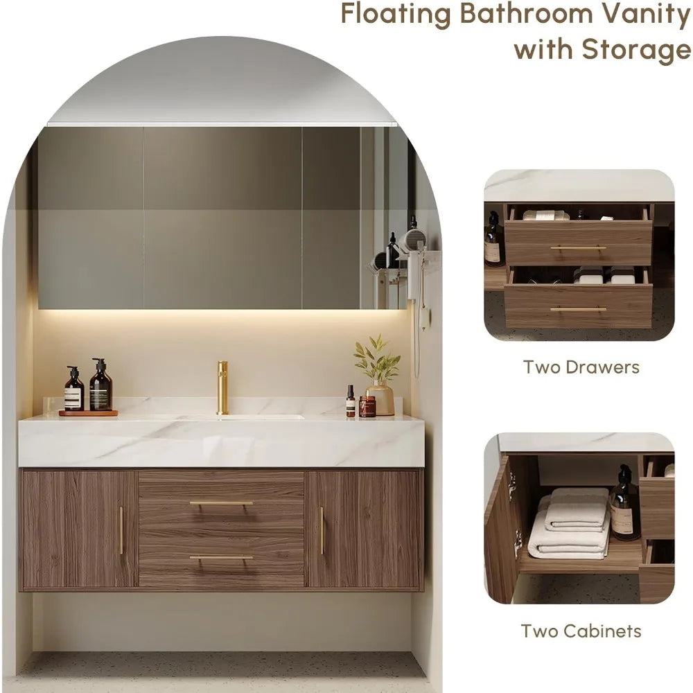 Floating Vanity, Sintered Stone Sink, 2 Drawers, 2 Walnut Doors
