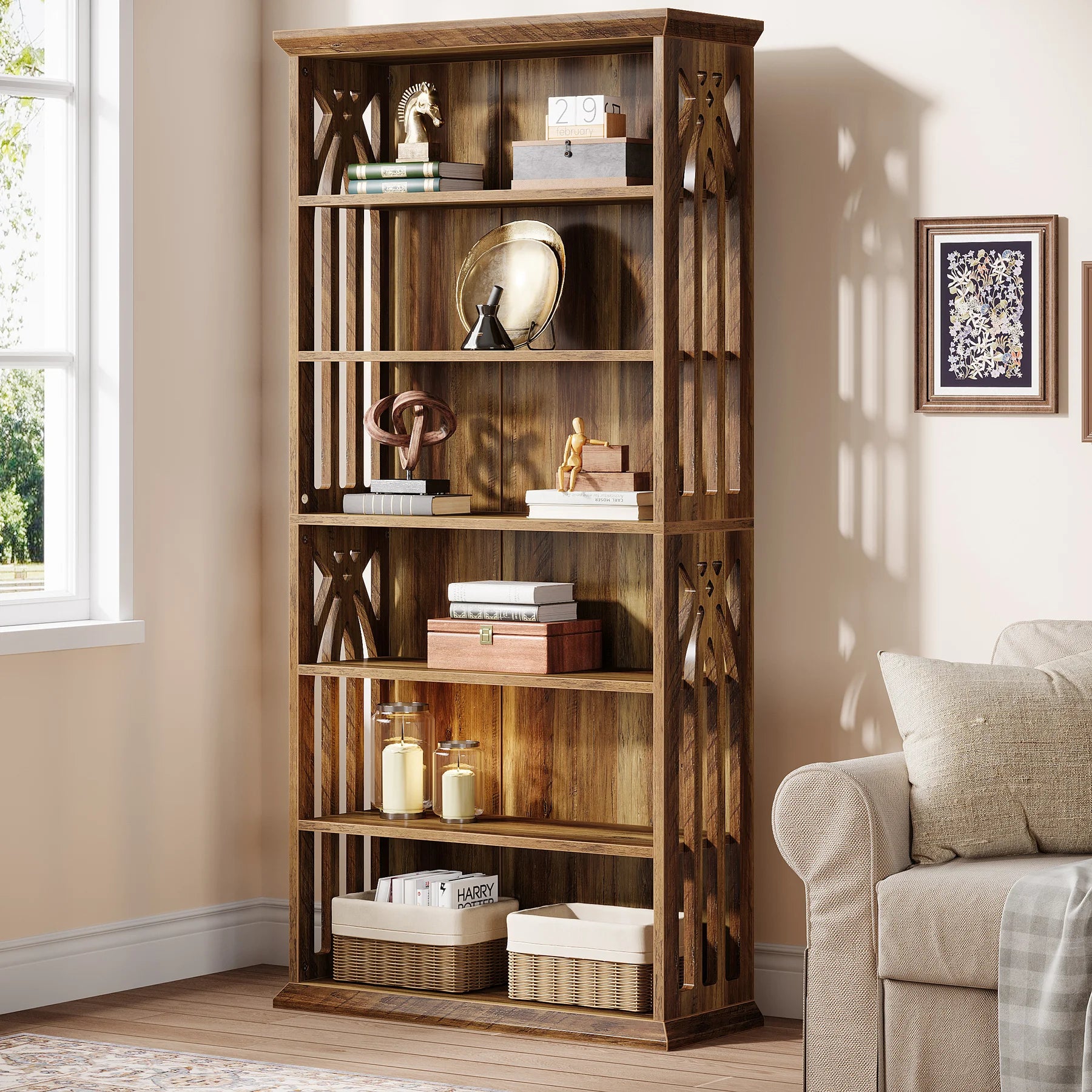 6-Tier 75-Inch Tall Bookcase, Large Freestanding Wood Display Shelves
