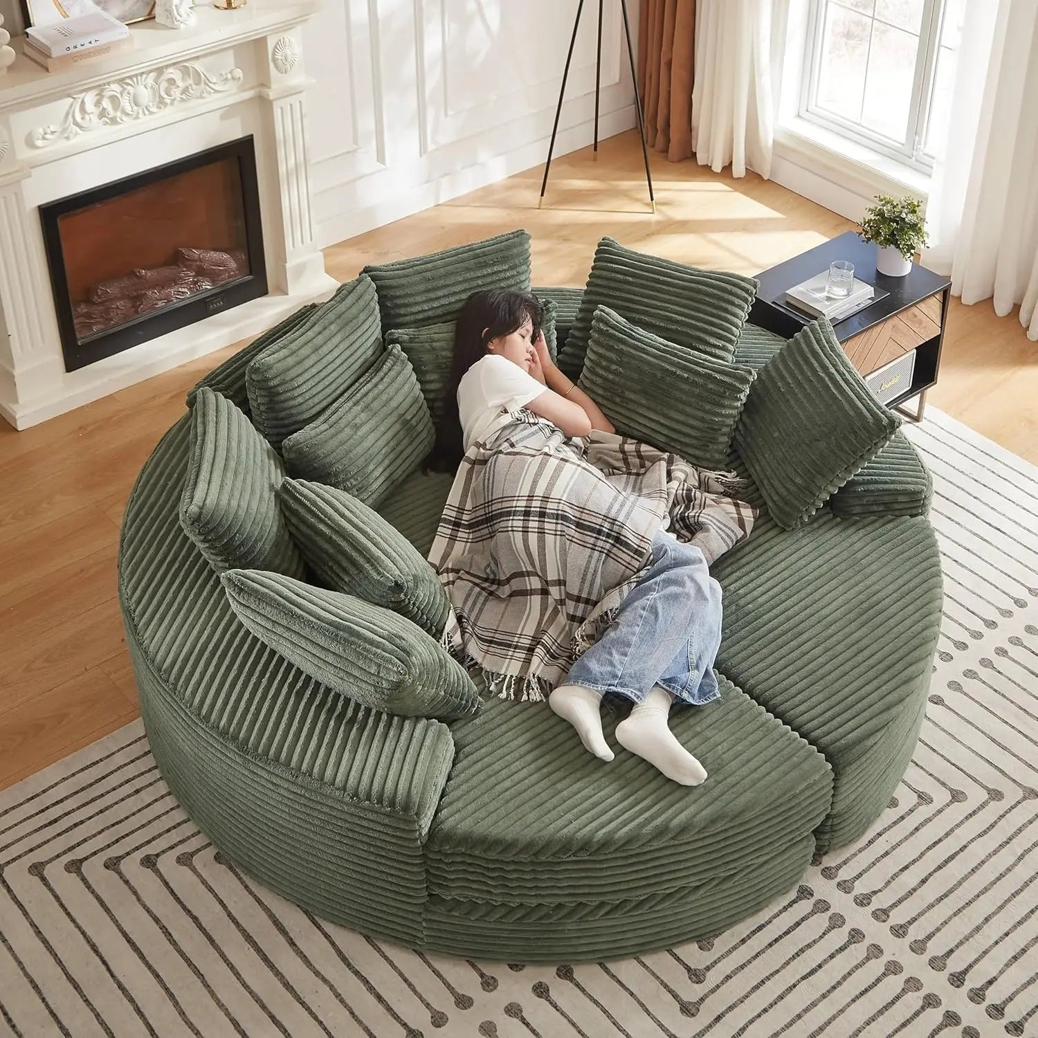 78.5IN Oversized Round Chaise Lounge, Upholstered Corduroy Boneless Sofa