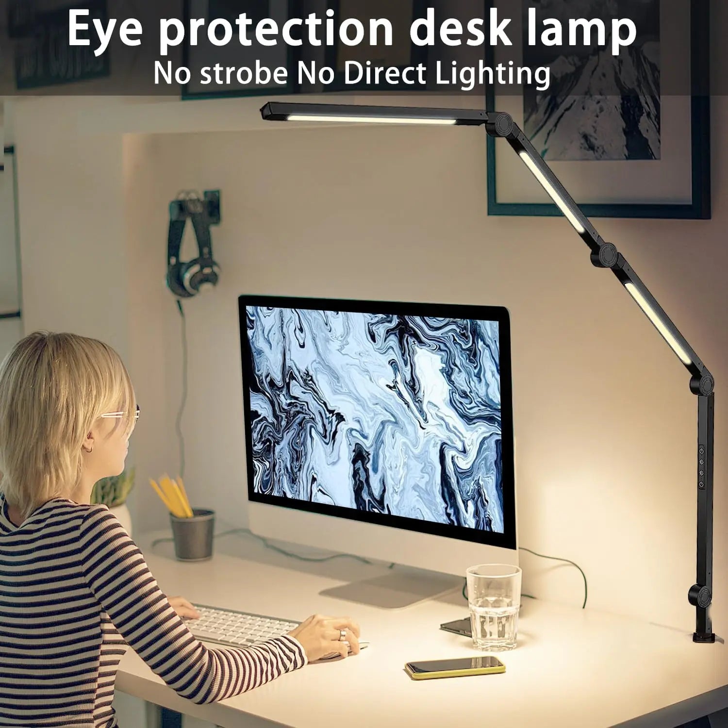 LED Desk Lamp, Clamp, 4 section Swing Arm, Three lights: 4 Colors, 5 Brightness
