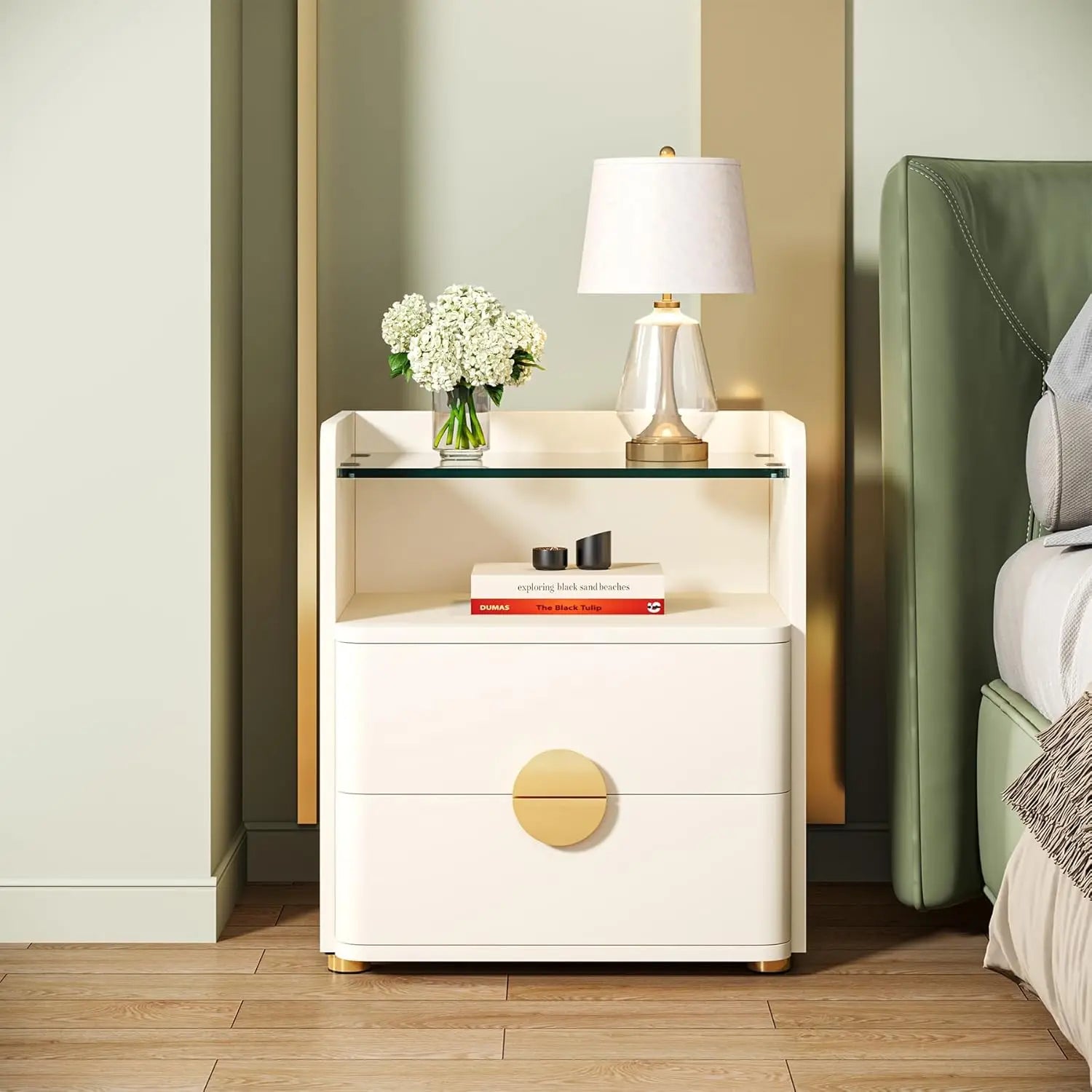 Nightstand w/2 Drawers, w/Open Storage Shelf, Tempered Glasses