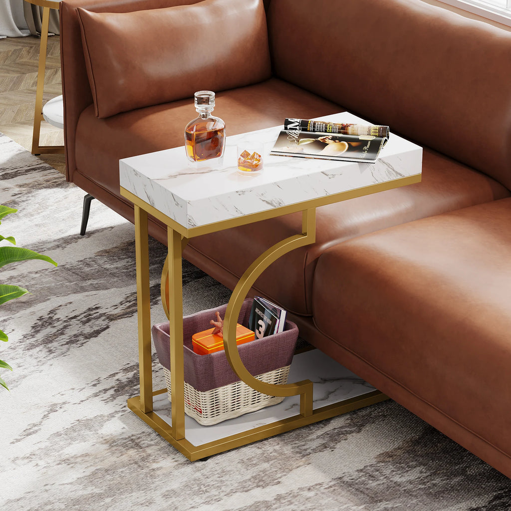 Narrow Side Table White Gold C Shaped End Table