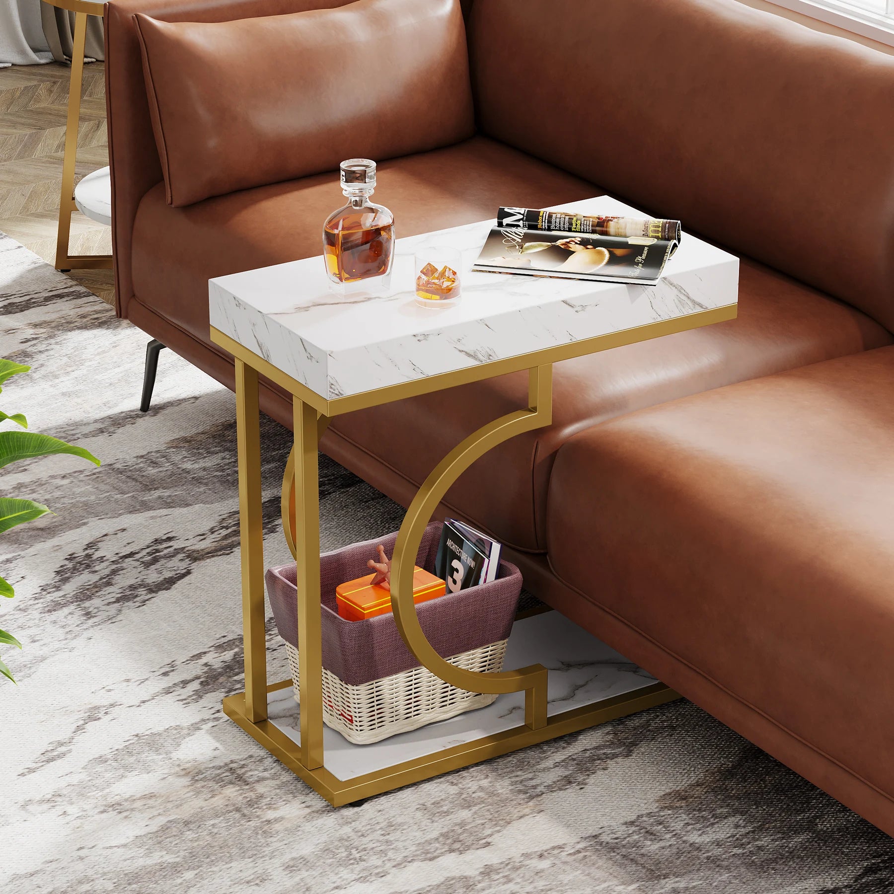 Narrow Side Table White Gold C Shaped End Table