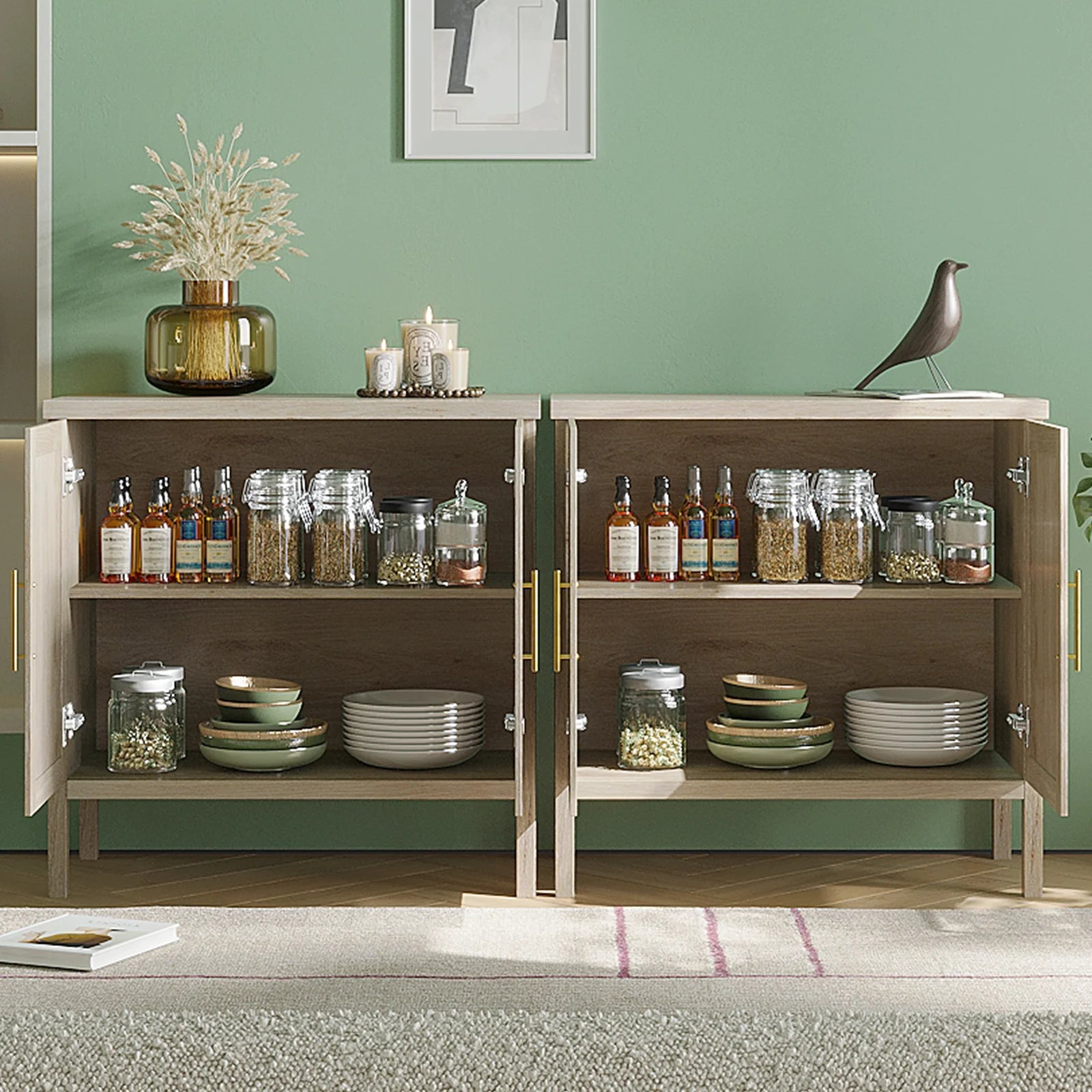 Buffet Cabinet Sideboard with Rattan Decorated Doors, Storage Cupboard