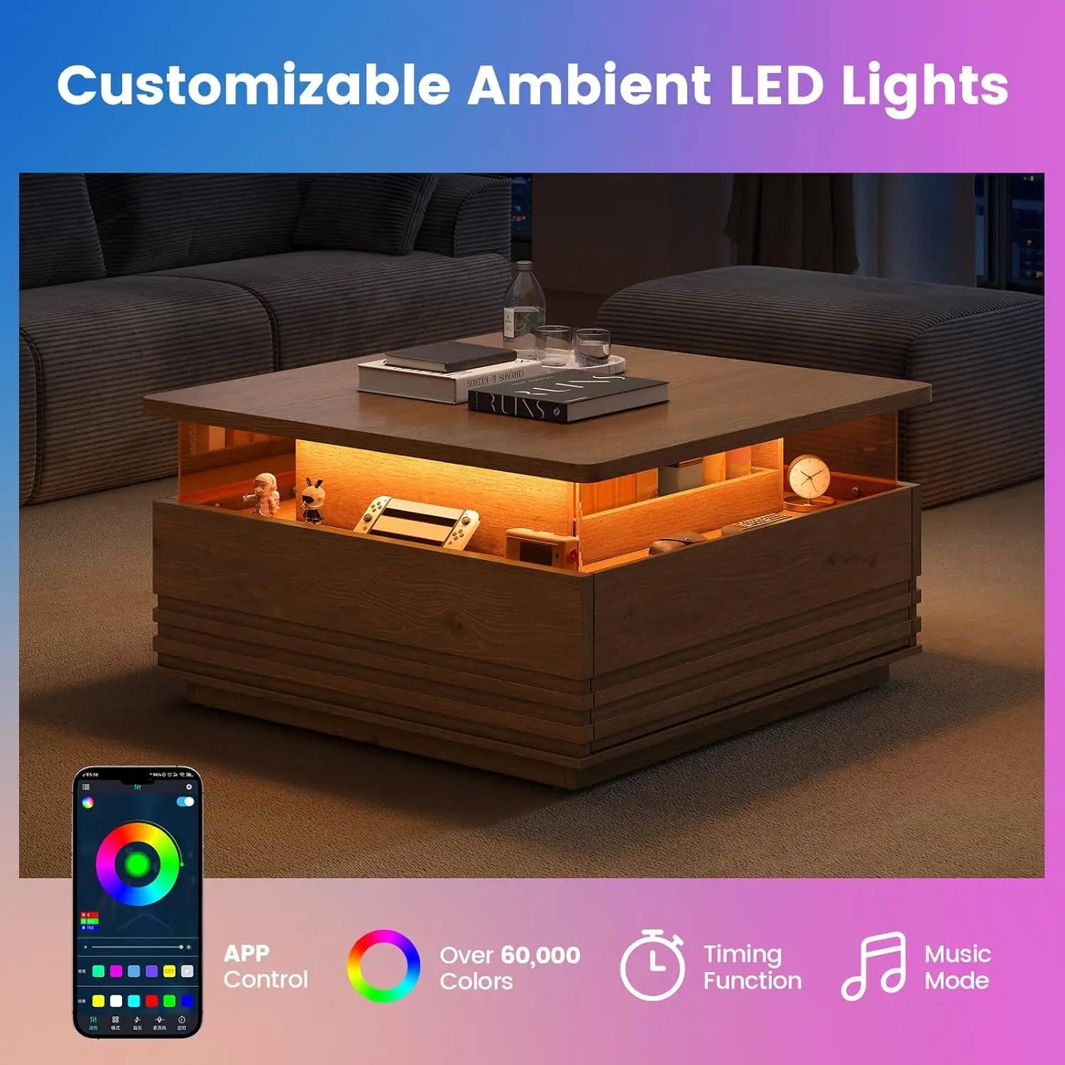 Square Fluted Coffee Table LED Lights Tempered Glass Drawer
