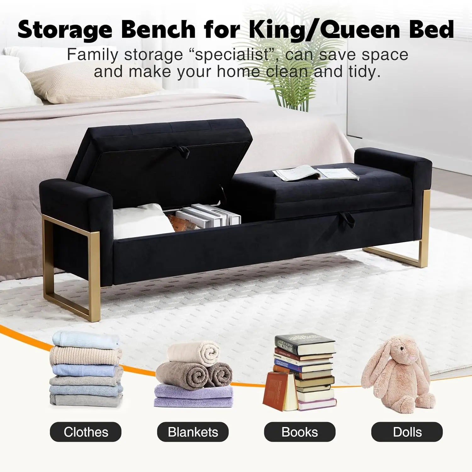 67" End of Bed Ottoman Storage Bench Golden Legs