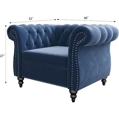 3-Piece Set, Velvet Chesterfield Sofa, Loveseat, Chair with Scroll Arms