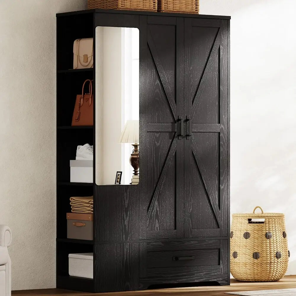 70" Armoire Wardrobe Hanging Rail 2-Door, Drawer, Shelves, Mirror