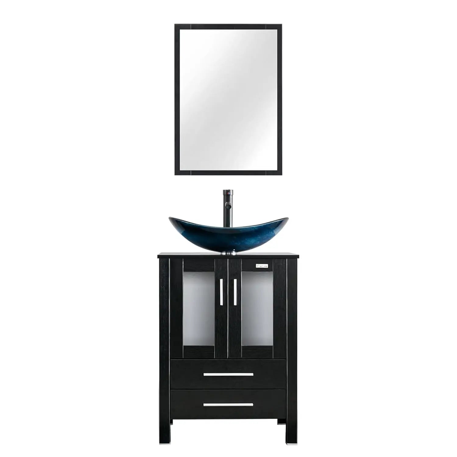 24" Vanity Blue Glass Vessel 2 Drawers Cabinet Soft Closing