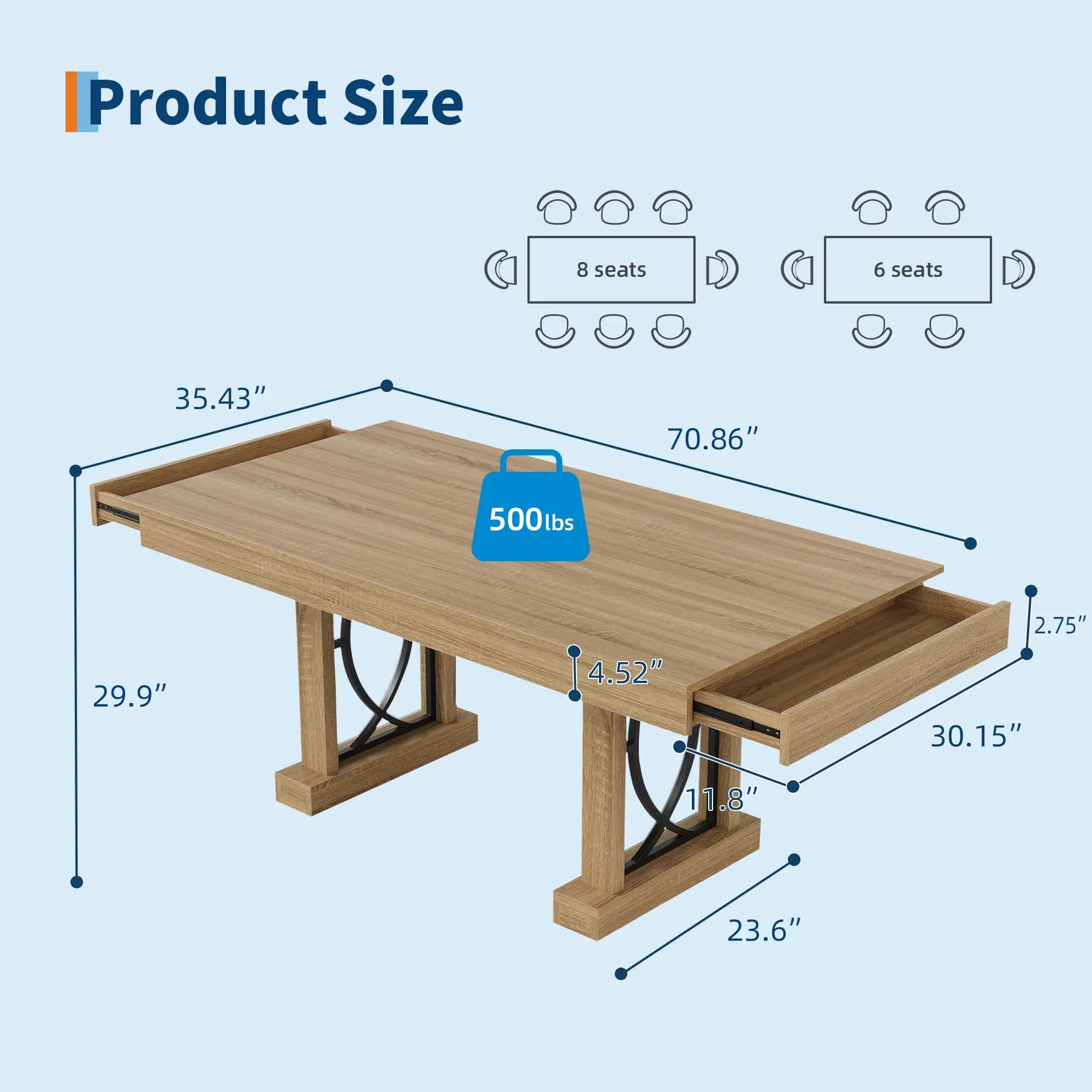 71" Dining Table Seats 6-8 People With 2 Drawers, Double Pedestal