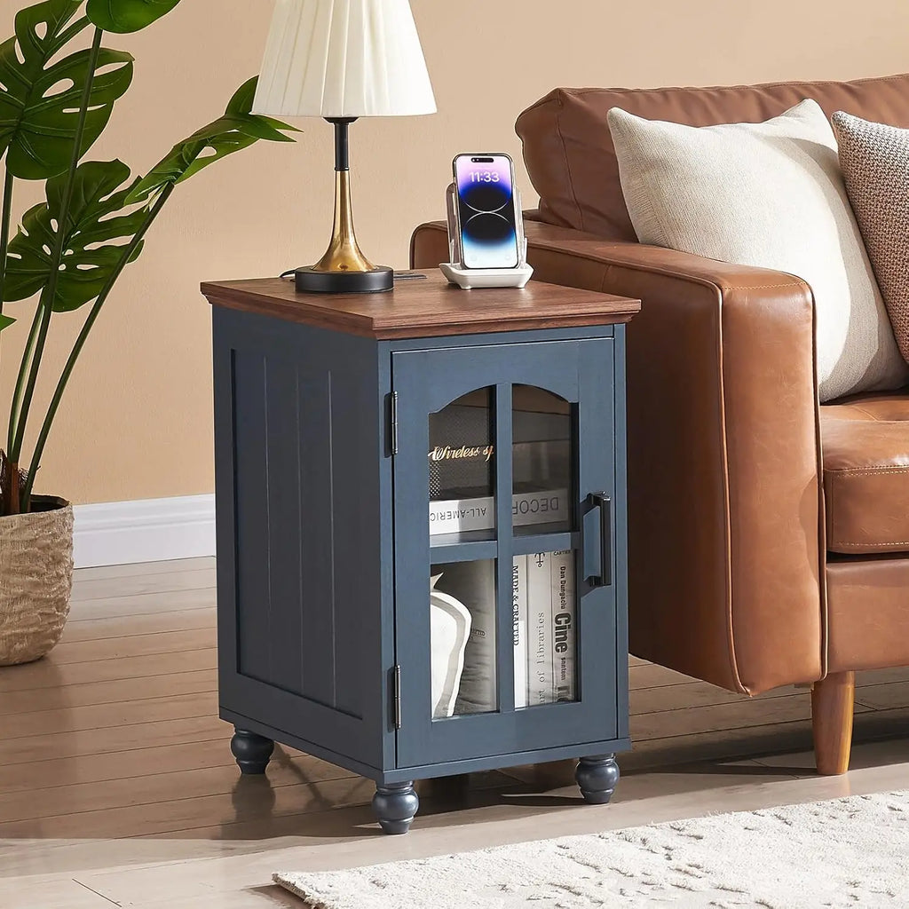 Narrow End Table Set of 2 Charging Station Glass Door