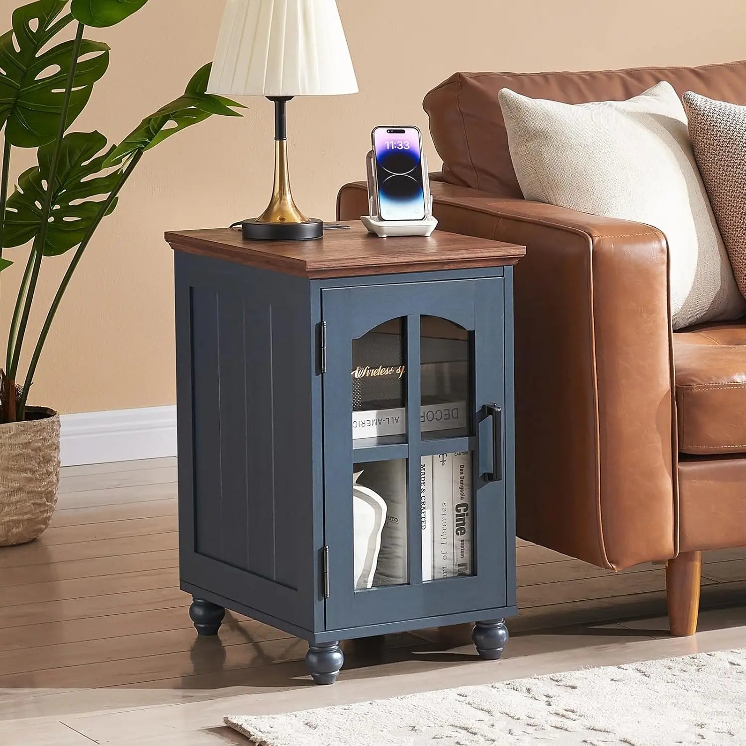 Narrow End Table Set of 2 Charging Station Glass Door