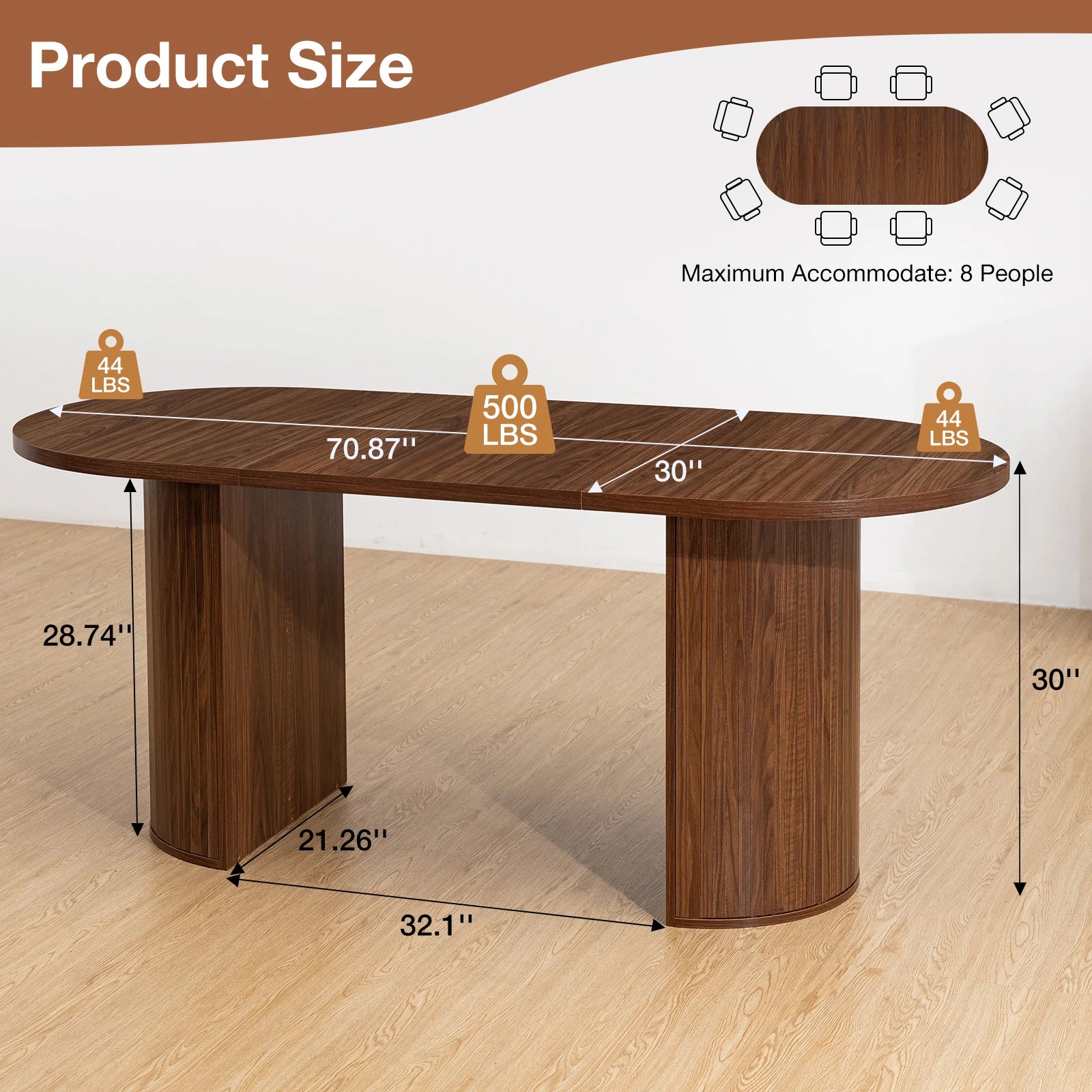 70.8IN Oval Dining Table for 6-8 Person, Semi-Cylindrical Legs Base