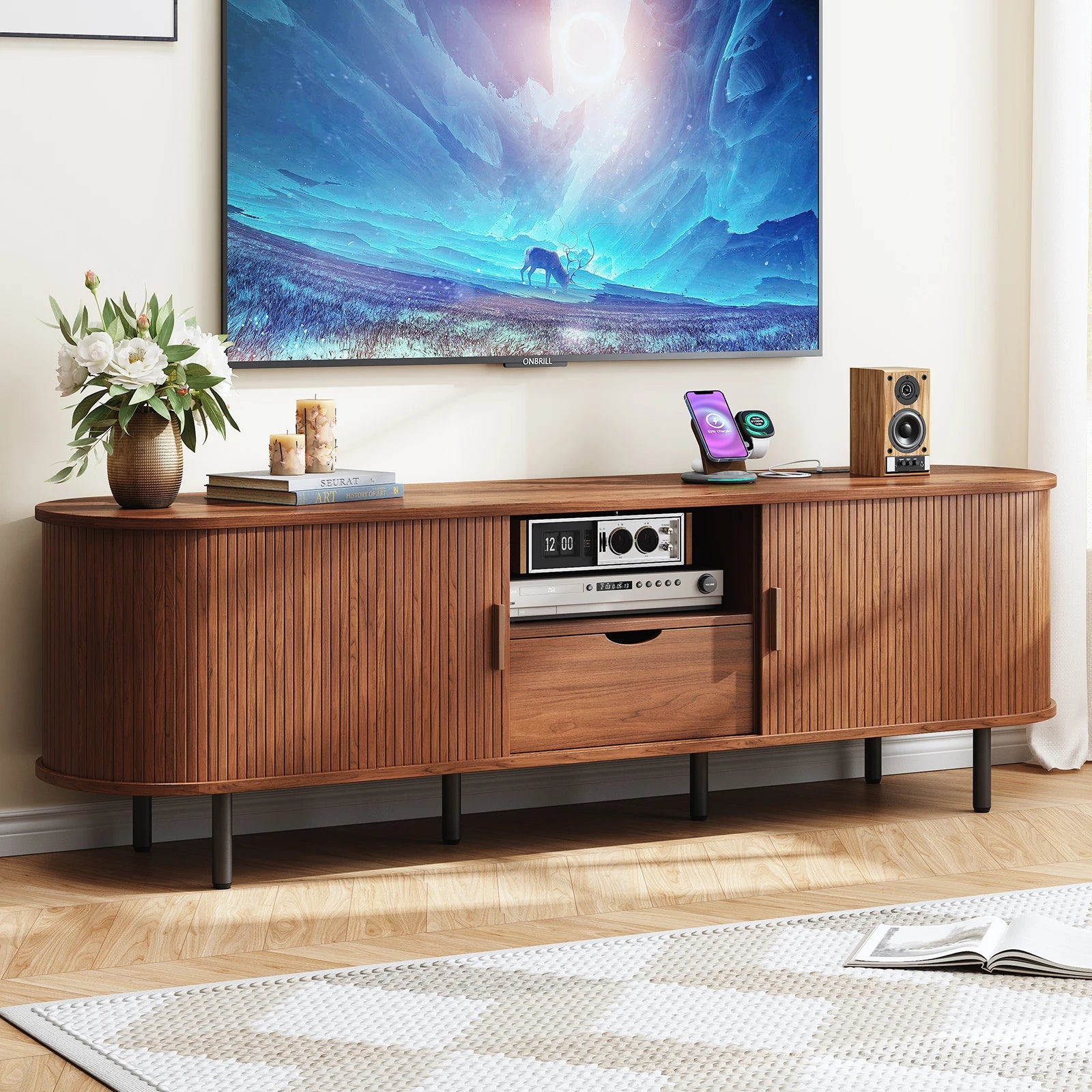69" TV Stand w/ Power Outlet w/ Storage & Drawer,  Adjustable Shelves