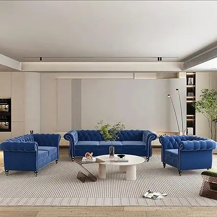3-Piece Set, Velvet Chesterfield Sofa, Loveseat, Chair with Scroll Arms