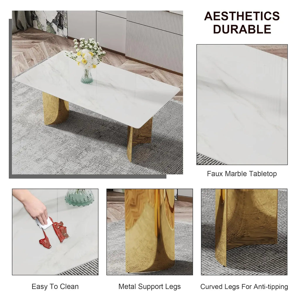 71IN Gold Table for 8, White Marble Golden Stainless Steel Base