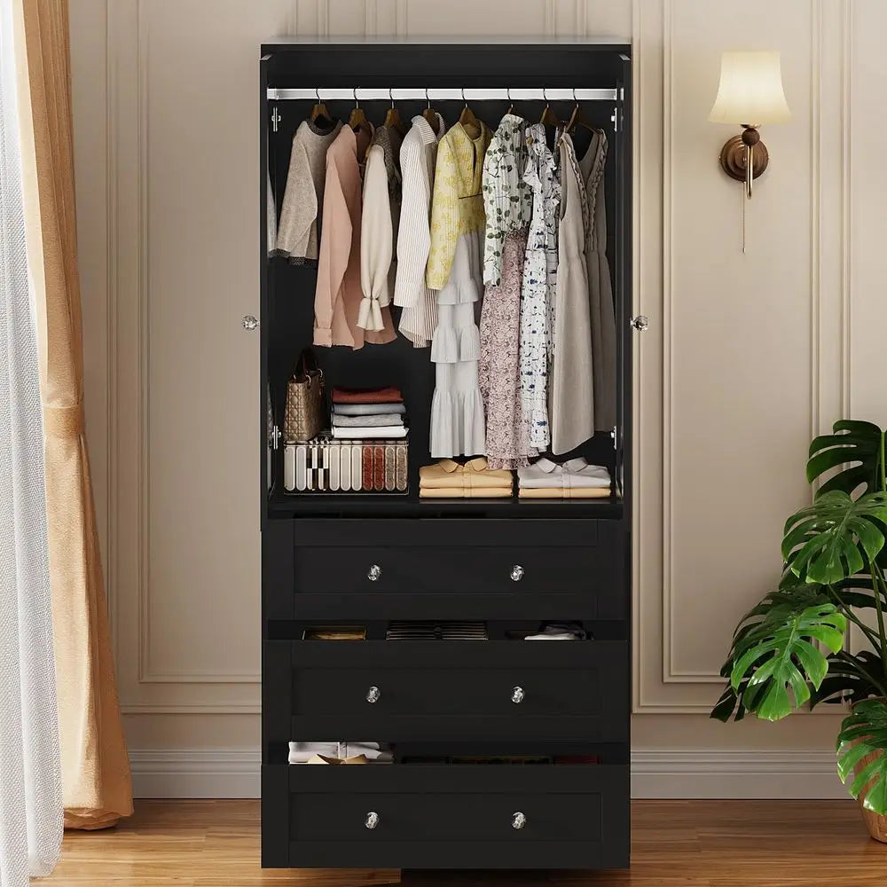 71" Armoire Wardrobe Mirror 2-Door Hanging Rod 3-Drawer