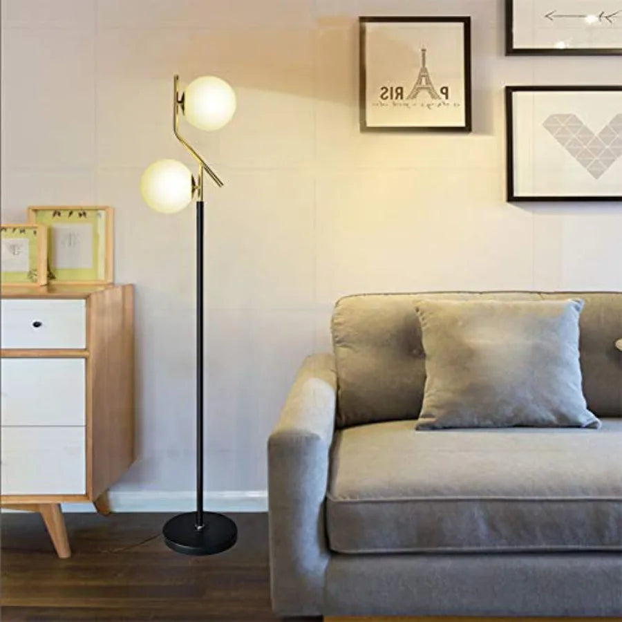 Two Milky White Glass Orbs Brass Finish Floor Lamp