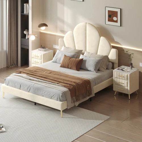 3-Pc Bedroom Set, Queen Velvet Frame, Petal Headboard, 3 Drawers Nightstands