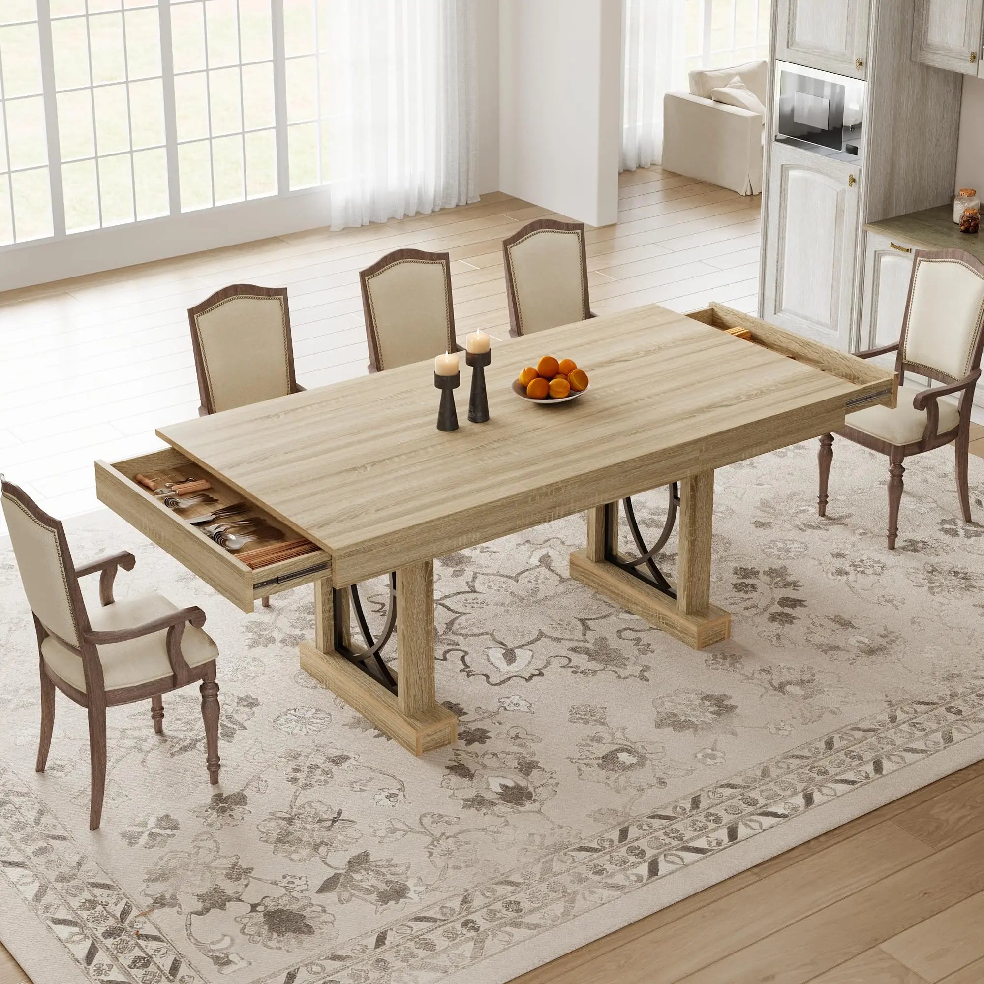 71" Dining Table Seats 6-8 People With 2 Drawers, Double Pedestal