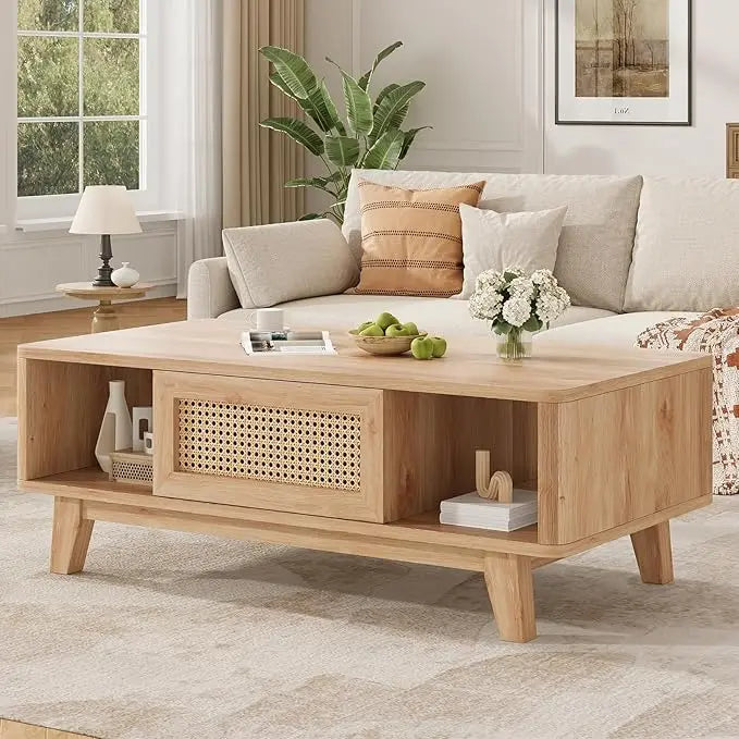 Mid Century Coffee Table, Rattan Drawer, Wood Storage Table