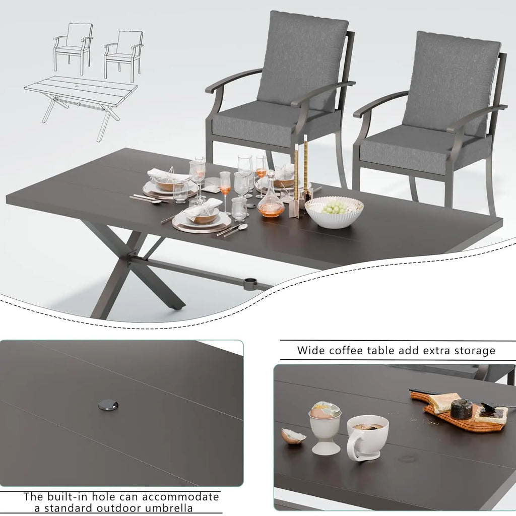 7-Piece Outdoor Set for 6, Metal Patio Table Chairs Cushions, 2 Swivel