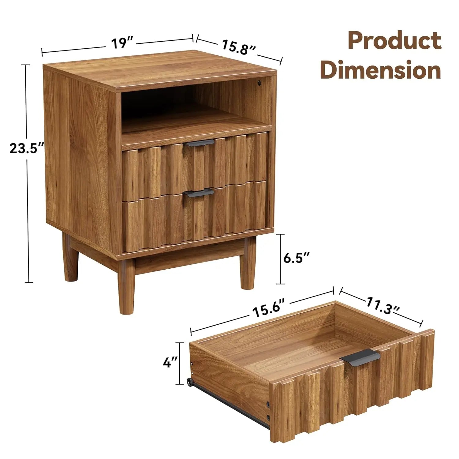 Fluted Nightstand 2-Drawers, 19" Wide Solid Wood Legs, Open Shelf