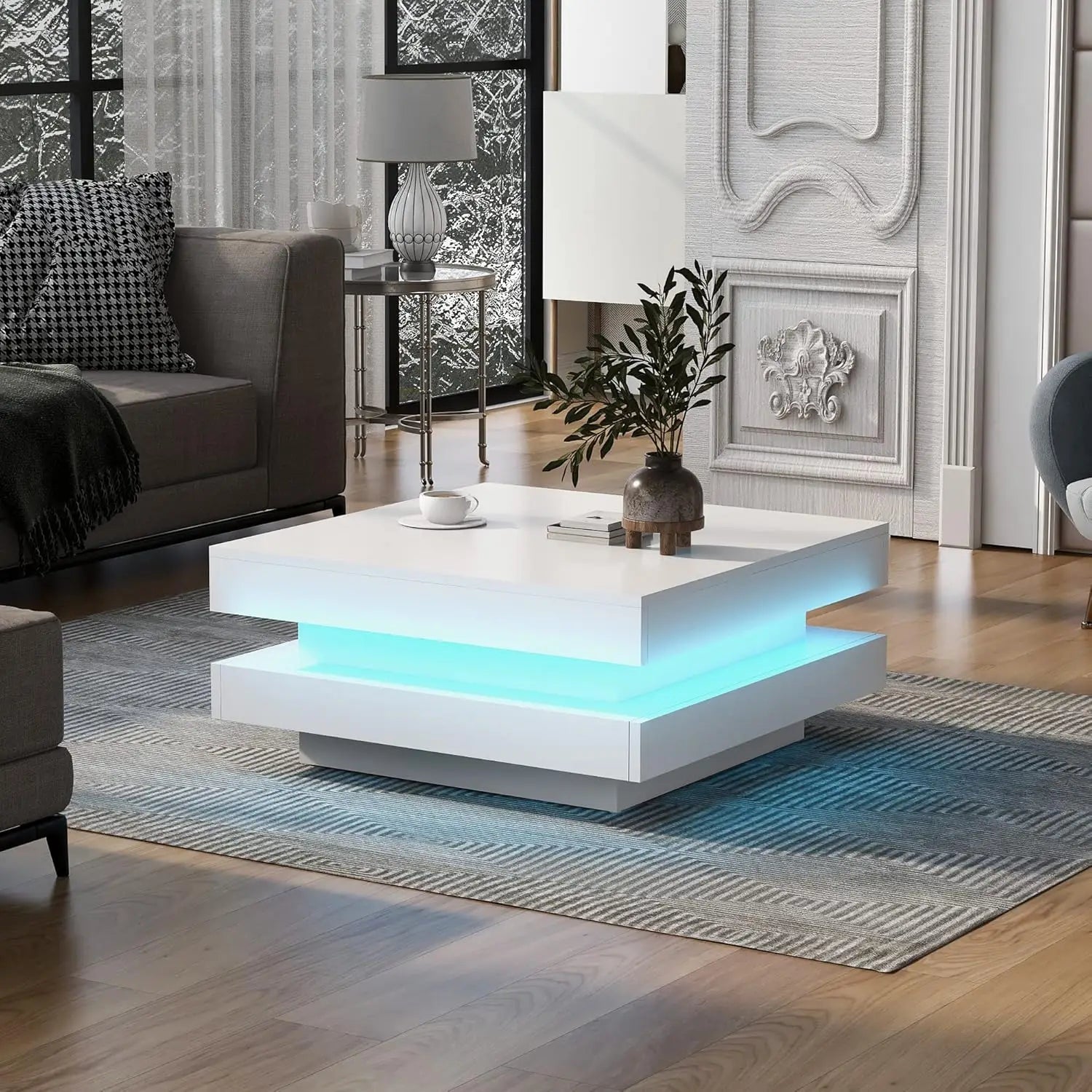 Coffee Table, Faux Marble Top, Rectangular with Caster Wheels.
