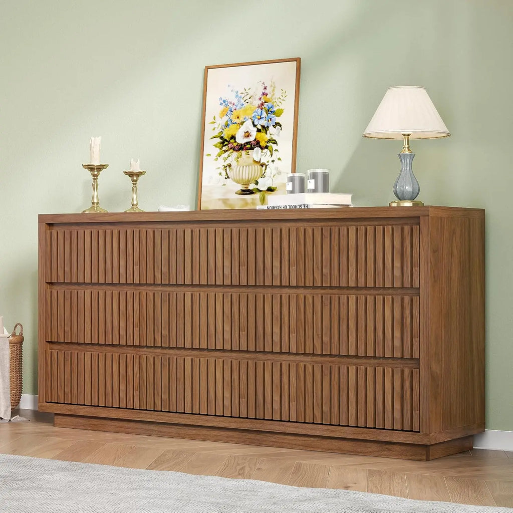 Fluted 9-Drawer Dresser, 58" Wide Vintage Chest of Drawers