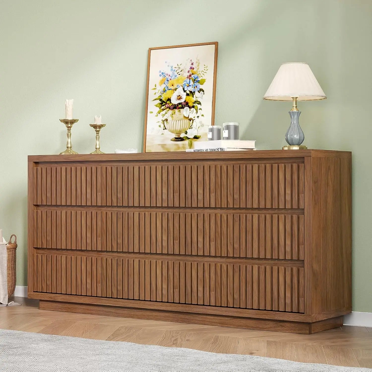 Fluted 9-Drawer Dresser, 58" Wide Vintage Chest of Drawers