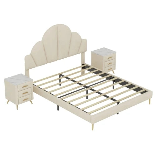 3-Pc Bedroom Set, Queen Velvet Frame, Petal Headboard, 3 Drawers Nightstands