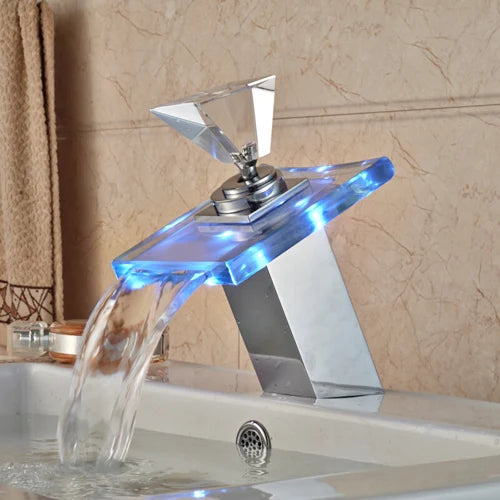 LED Color Changing Waterfall Faucet, Deck Mounted Hot/Cold Mixer Tap