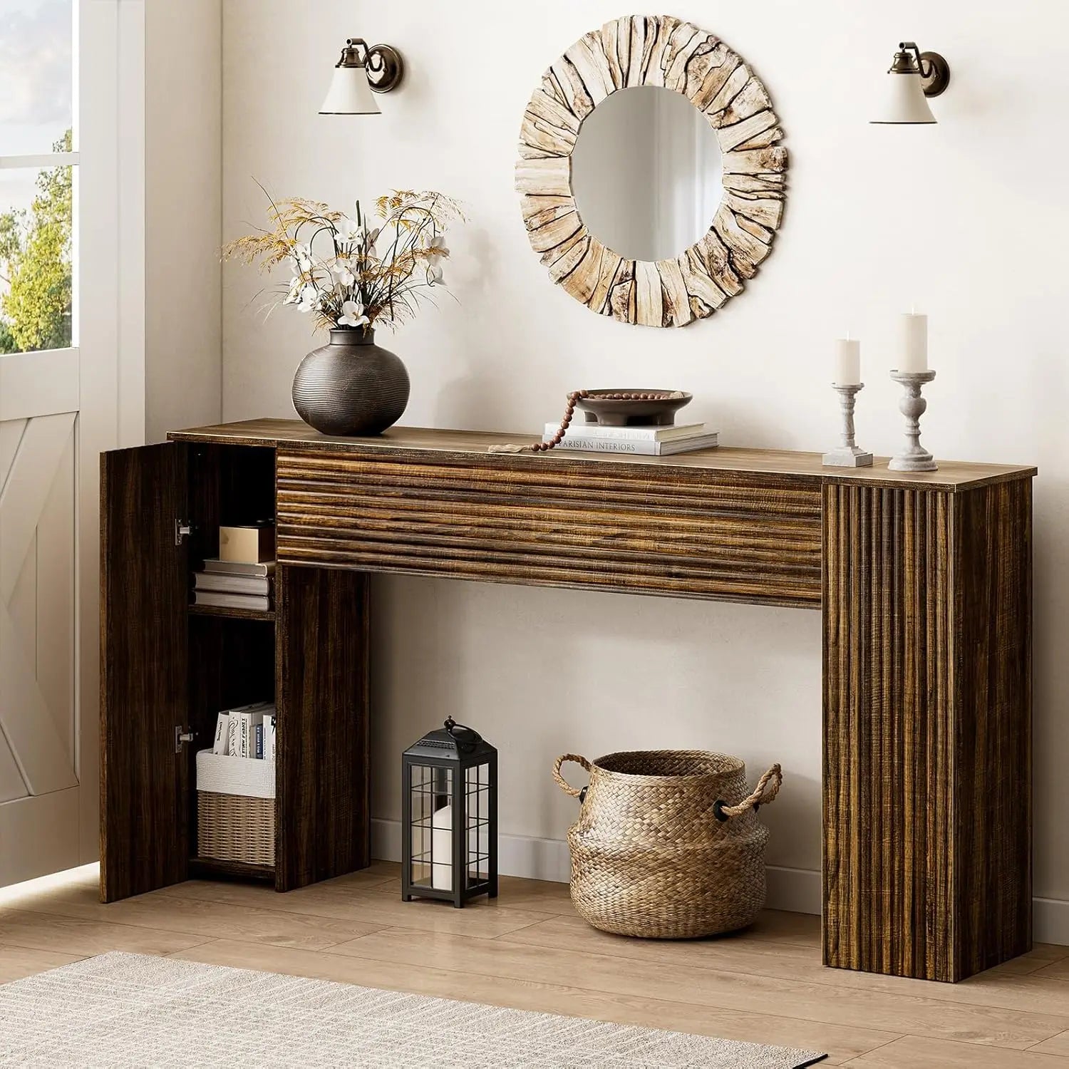 61'' Fluted Console Wooden Rectangular Table, 2 Hidden Storage