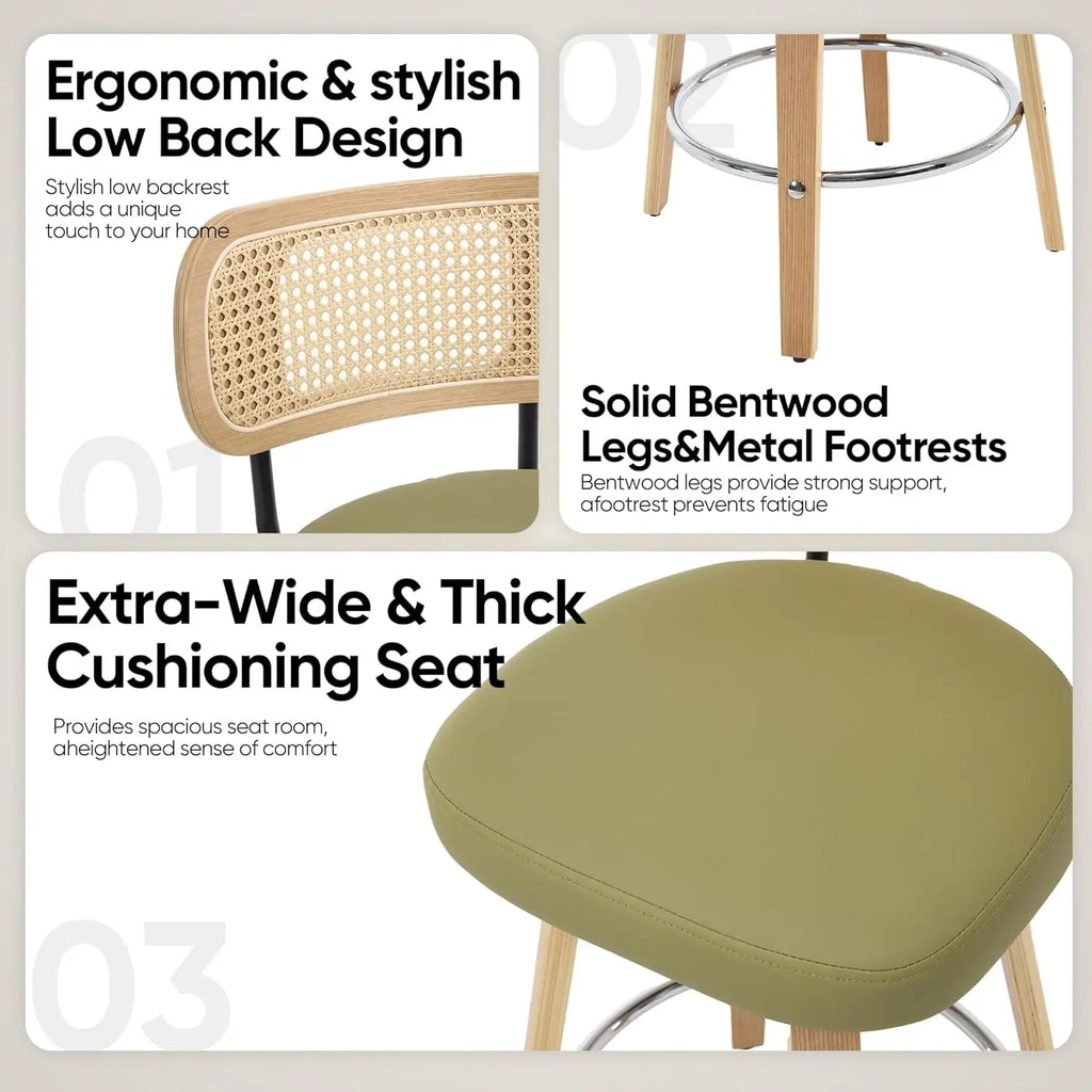 2 - Natural Rattan Bar Stools, Upholstered PU Leather