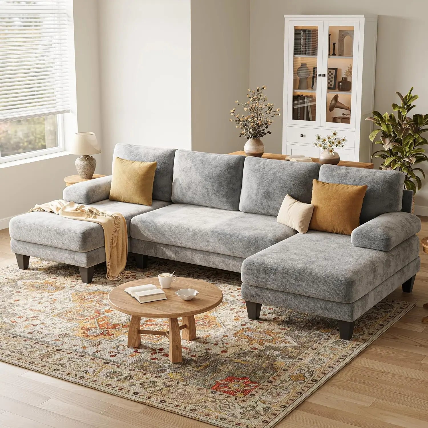 U-Shaped Sectional Couch | Chenille Sofa Double Chaise | 112IN