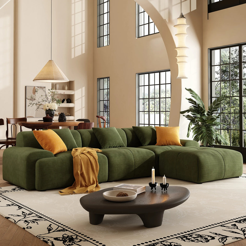 113" 3-Seat Cloud L-Shaped Sectional Sofa, Movable Ottoman, Corduroy Upholstery