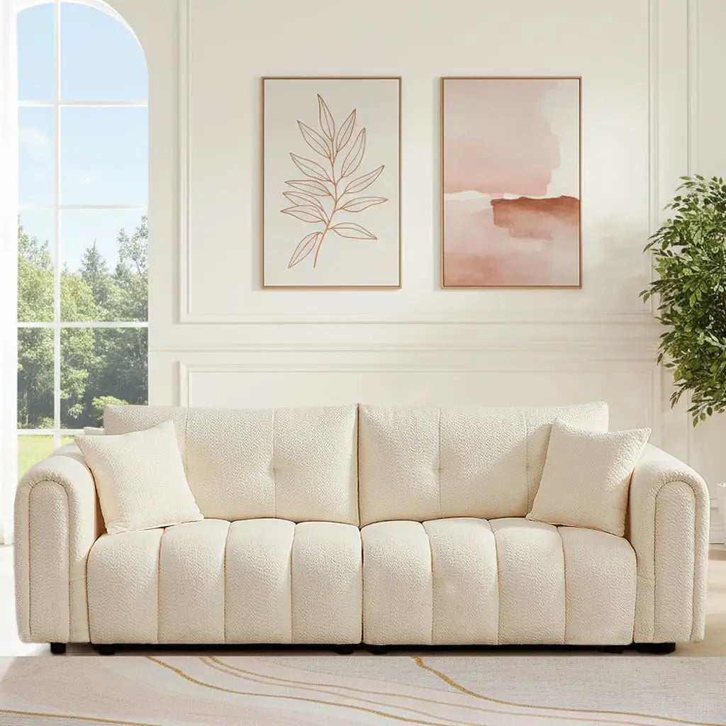 91.5" W Cloud Boucle Sofa, Rolled Arms Soft Pillows, Teddy