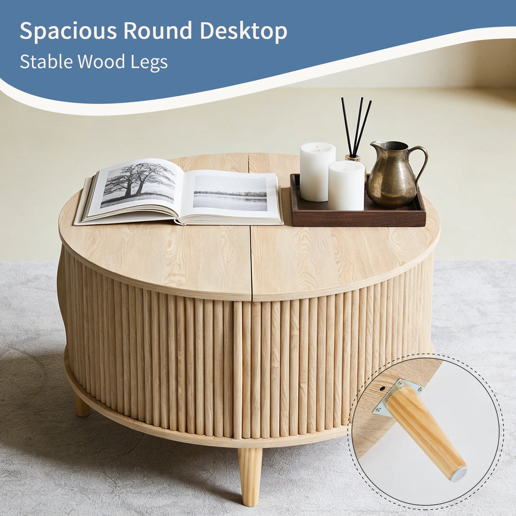 31IN Round/Flip-Top Storage Coffee Table, Fluted Center, 2-Tier, Sliding Door