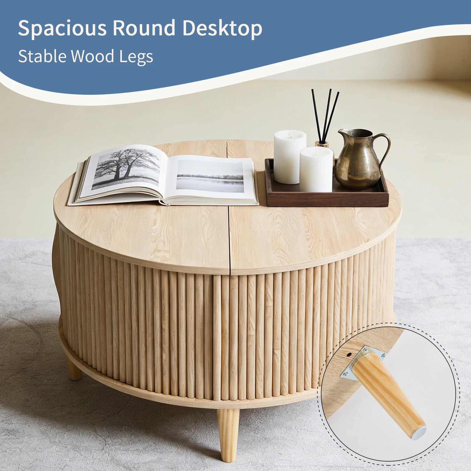 31IN Round/Flip-Top Storage Coffee Table, Fluted Center, 2-Tier, Sliding Door