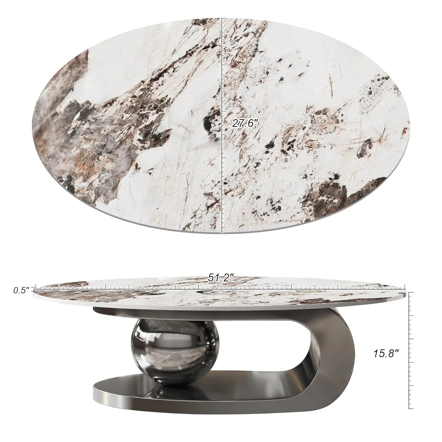 Coffee Table, Silver Stainless Steel Pedestal Oval Faux Marble Top.