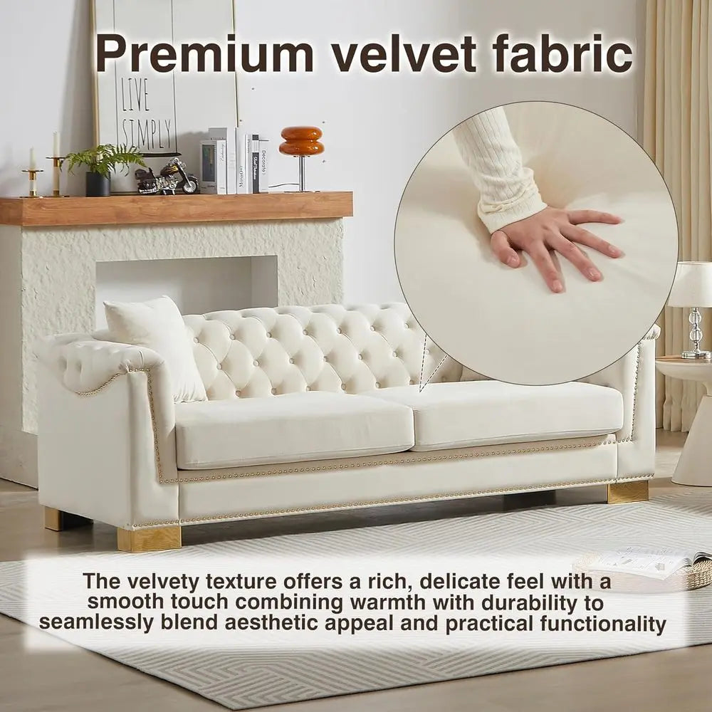 84IN Classic Chesterield Sofa - Velvet 3-Seater, Rolled Arms, Tuted Back & Studs