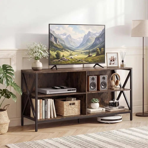 47" Farmhouse Entertainment Center TVs up to 55 Inches, 4 Open Shelves
